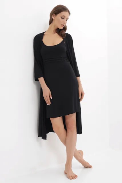 Cămașă de noapte cu halat pentru femei ERICA din bambus Negru / Black L