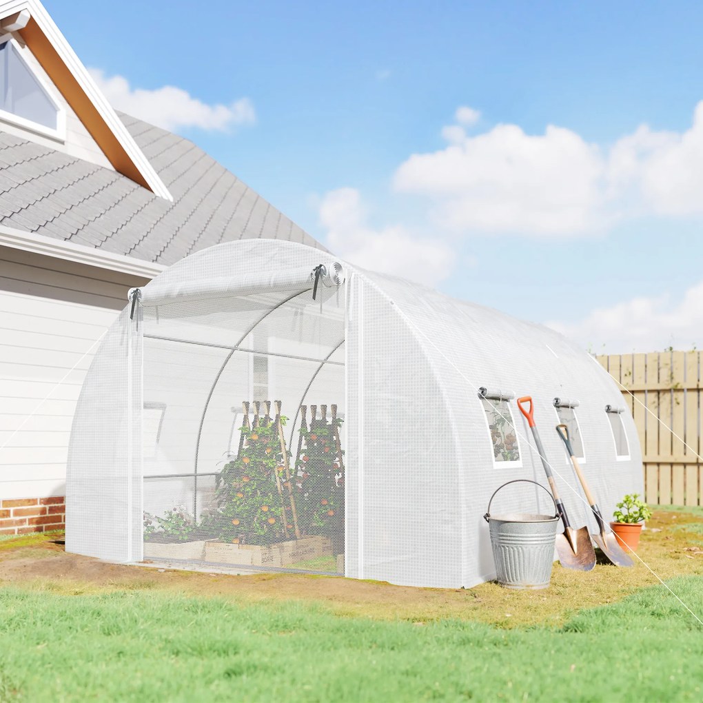 Outsunny Seră de Grădină Tip Tunel 4x3x2 m cu 2 Bare Detașabile, Uși Rulabile și Ferestre cu Plasă, Seră pentru Grădină de Legume și Flori, Structură din Oțel Zincat și Acoperire PE, Alb | Aosom Romania