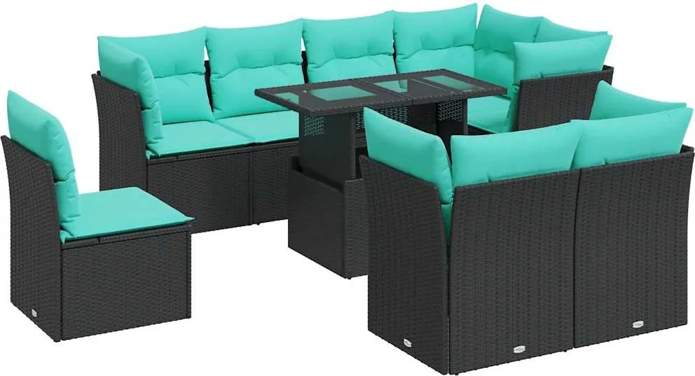 vidaXL Set mobilier grădină perne 9 piese negru poliratan/lemn acacia