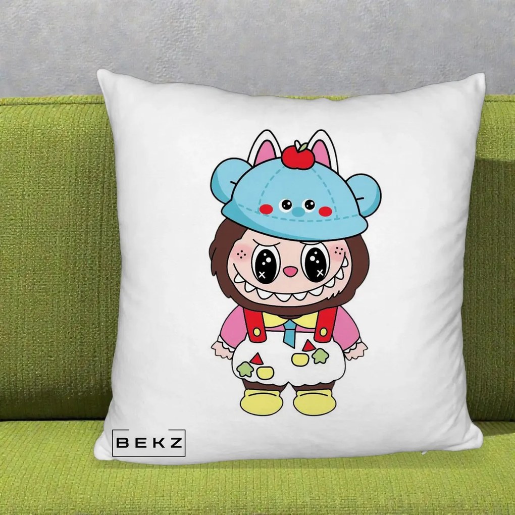 Perna Personalizata Labubu x Urs Albastru Colorat, 40x40 cm, Alb Pufos, Husa Detasabila, Perna Inclusa, BEKZ®