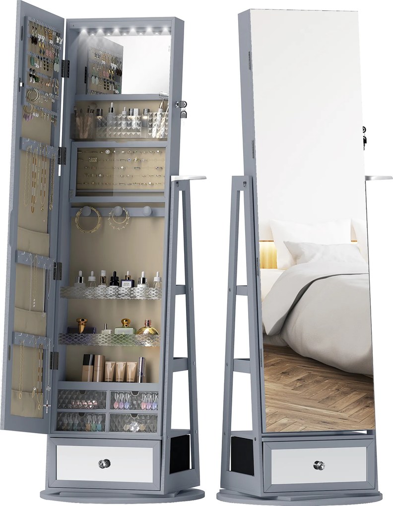 HOMCOM Oglindă portarbijuterii cu lumini LED Dulap portarbijuterii cu oglindă completă Rotativ de 360° Sertar Încuietoare Gri deschis | Aosom Romania