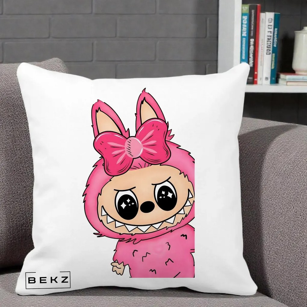 Perna Personalizata Labubu Roz cu Funda, 40x40 cm, Alba Mata, Husa Detasabila, Perna Inclusa, BEKZ®