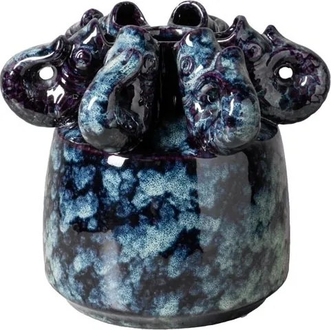 Vază din ceramică artizanală cu pești sculptați în relief, formă cilindrică cu coroană decorativă, albastru marmorat, finisaj lucios, 15×17 cm,