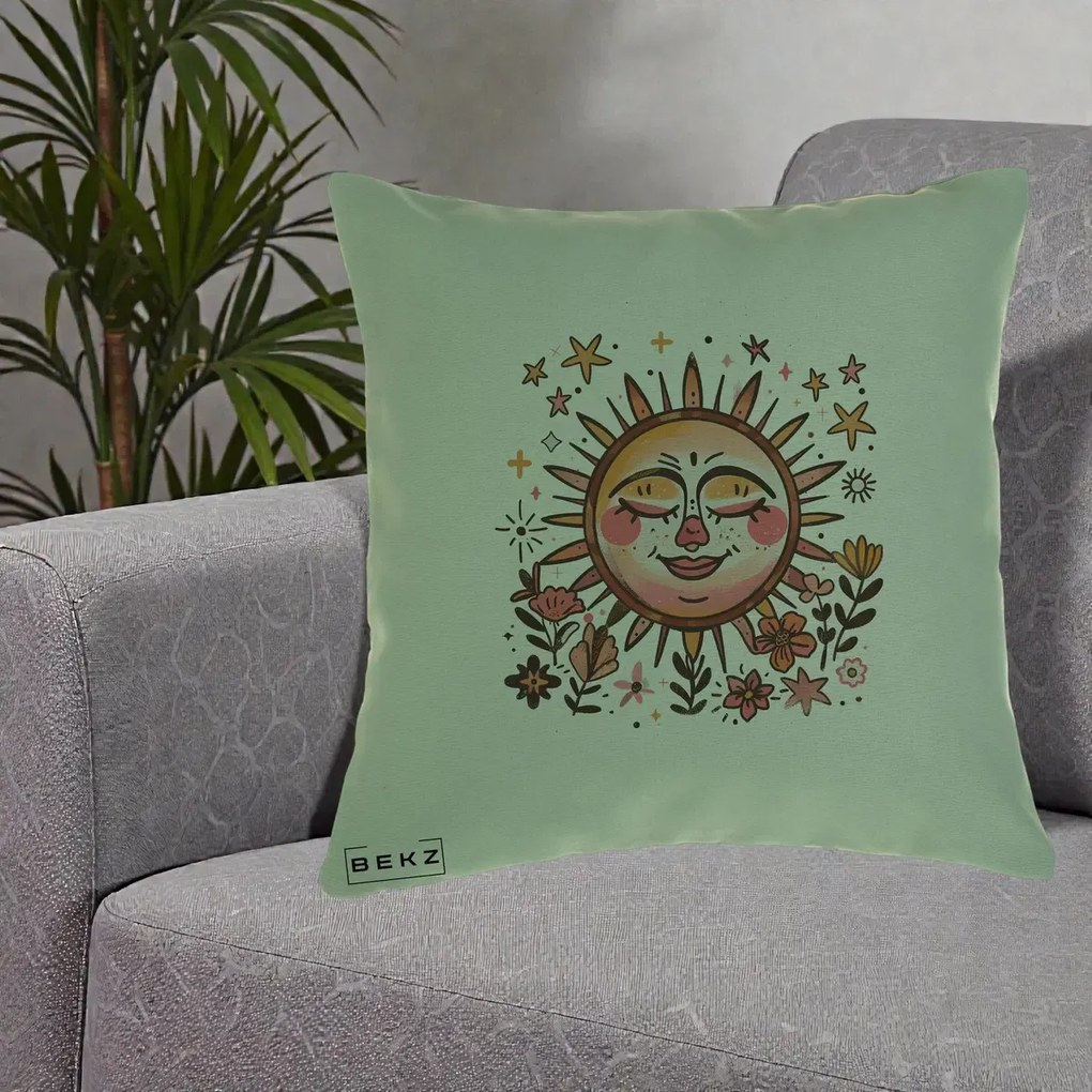 Perna Decorativa Soare Retro Boho Floral, 40x40 cm, Verde, Husa Detasabila, Perna Inclusa, BEKZ®
