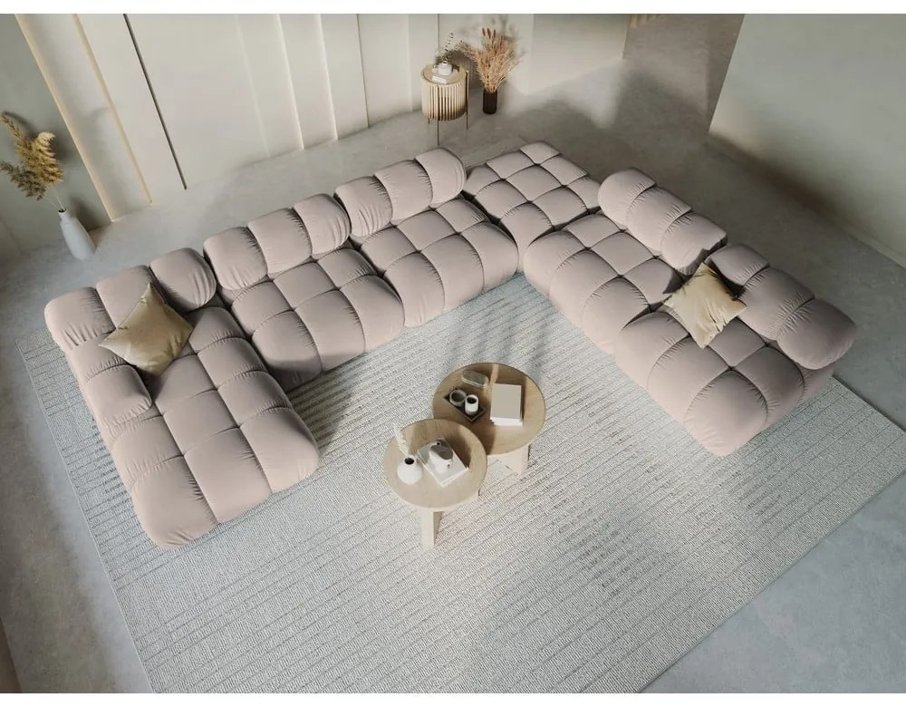 Colțar modular maro deschis cu tapițerie din catifea (cu colț pe partea dreaptă/în formă de "U") Bellis – Micadoni