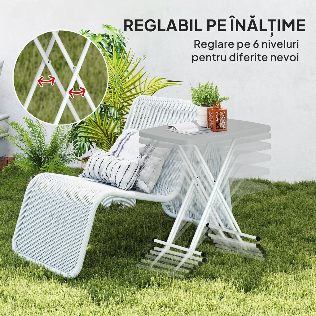 Outsunny Măsuță de Cafea Pliabilă, Reglabilă pe Înălțime și Portabilă, cu Blat HDPE și Cadru Metalic, 76x50x74 cm, Alb | Aosom Romania