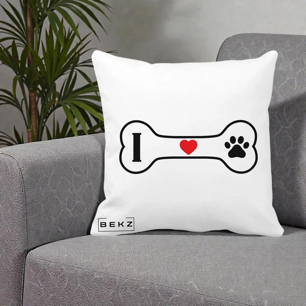 Perna Personalizata I Love Dog Os si Labuta, 40x40 cm, Alba Mata, Husa Detasabila, Perna Inclusa, BEKZ®