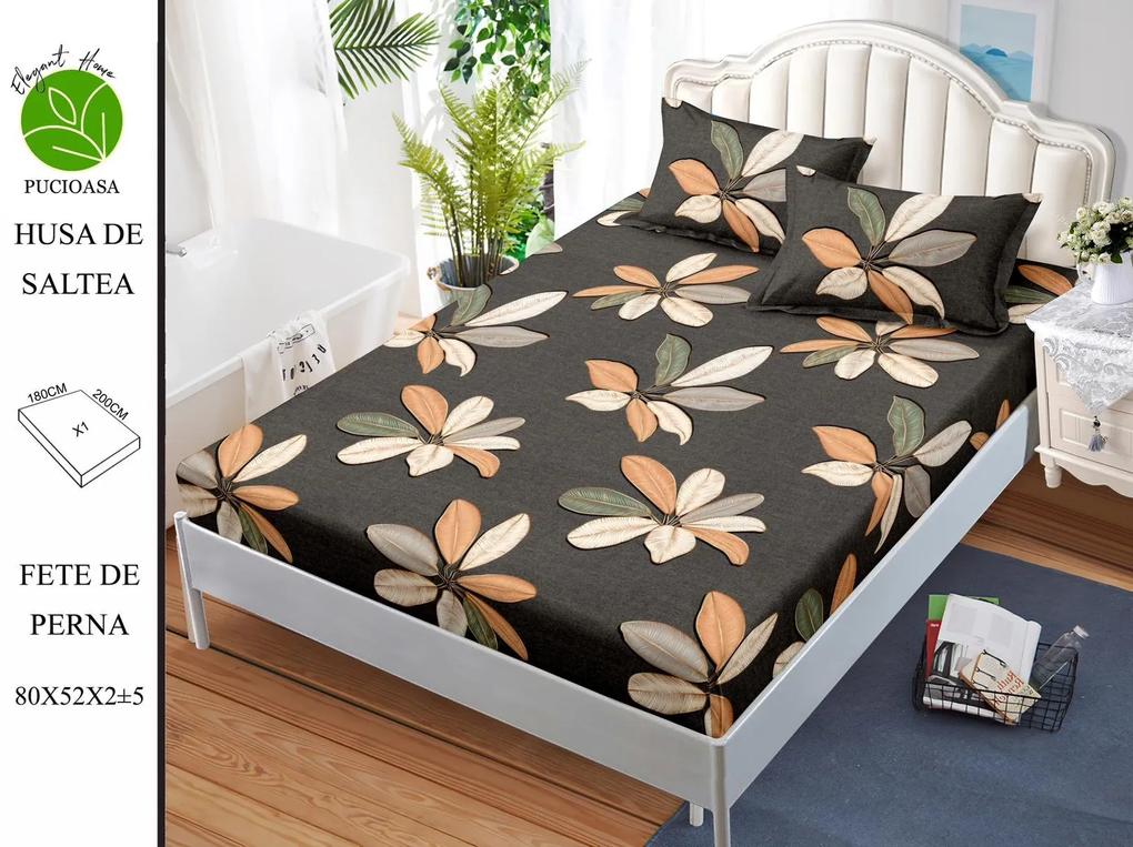Husa de pat cu elastic 180x200 din Bumbac Finet + 2 Fete de Perna - Flori Mari