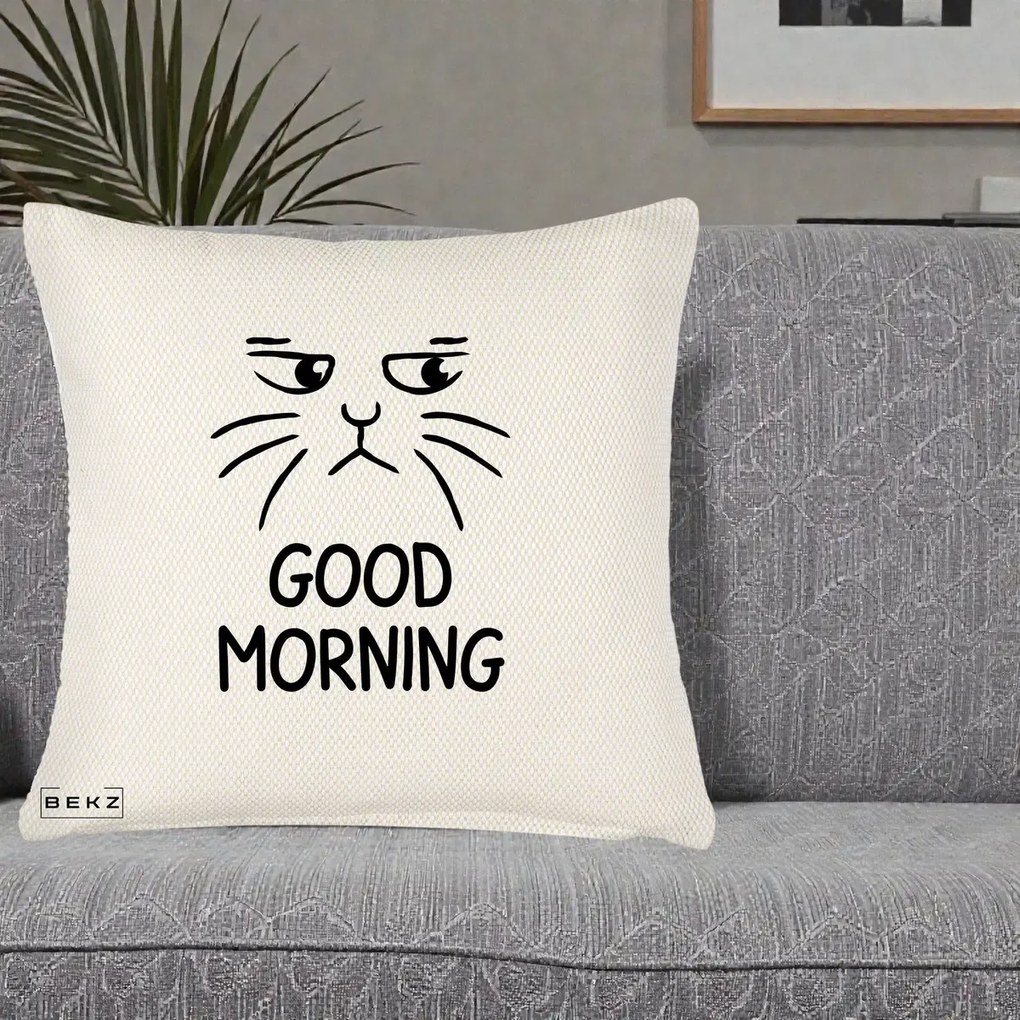 Perna Decorativa Pisica Morocanoasa Good Morning, 40x40 cm, Crem Reliefat, Husa Detasabila, Perna Inclusa, BEKZ®