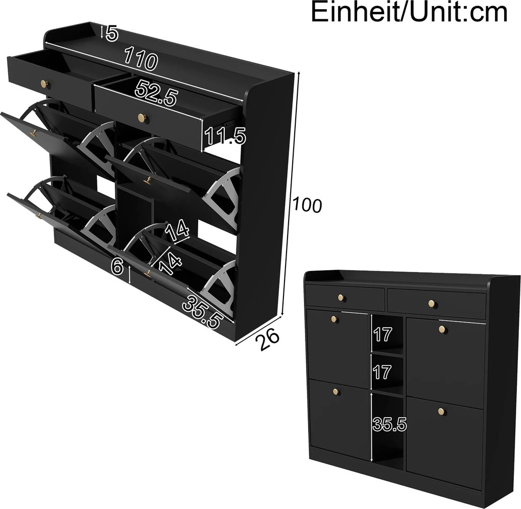 Dulap pentru pantofi cu 4 uși rabatabile, 2 sertare și 3 compartimente deschise, 110x26x100 cm, Negru