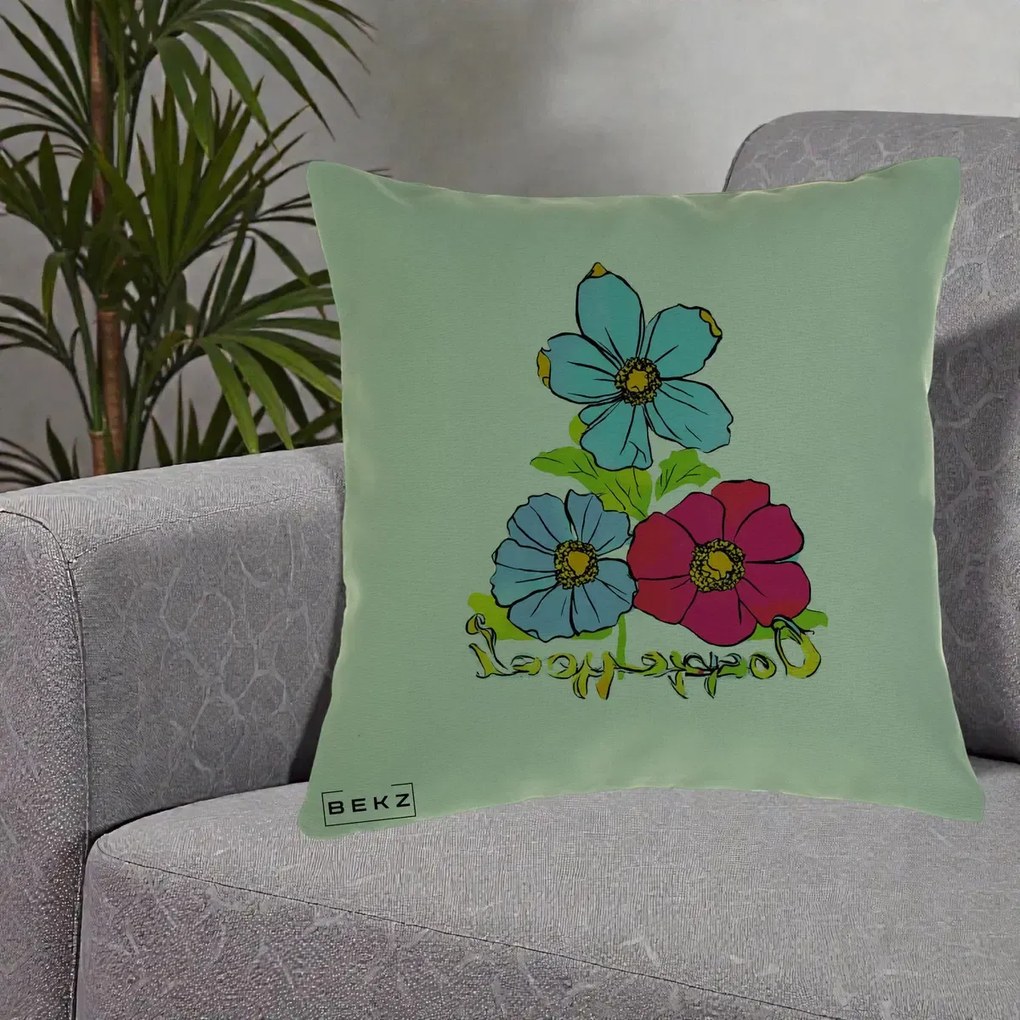 Perna Decorativa Trei Flori Grafice Pop Art, 40x40 cm, Verde, Husa Detasabila, Perna Inclusa, BEKZ®