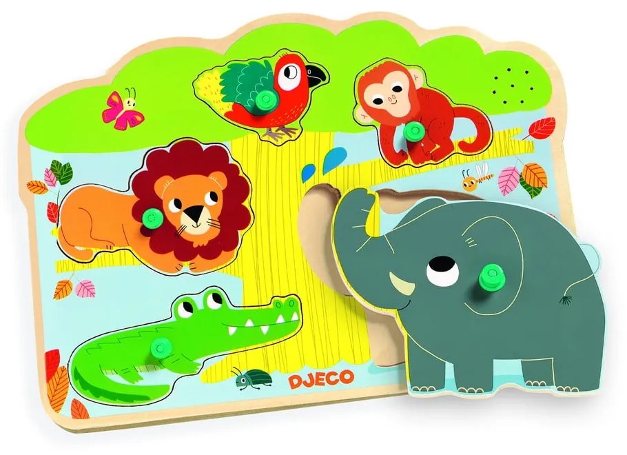 Puzzle din lemn cu sunete Djeco „Animalele din junglă”