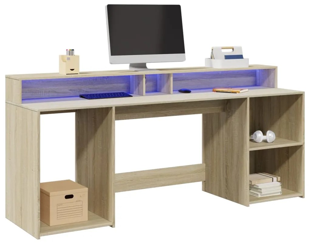 vidaXL Birou cu lumini LED stejar sonoma, 200x55x91 cm, lemn prelucrat