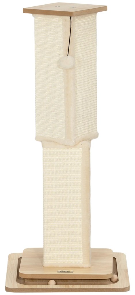 PawHut Pom de Teren 3-în-1 cu Buclă de Jucărie, Jucărie, Sisal, până la 10 kg, 39,5 x 39,5 x 87 cm, Stejar/Crem | Aosom Romania