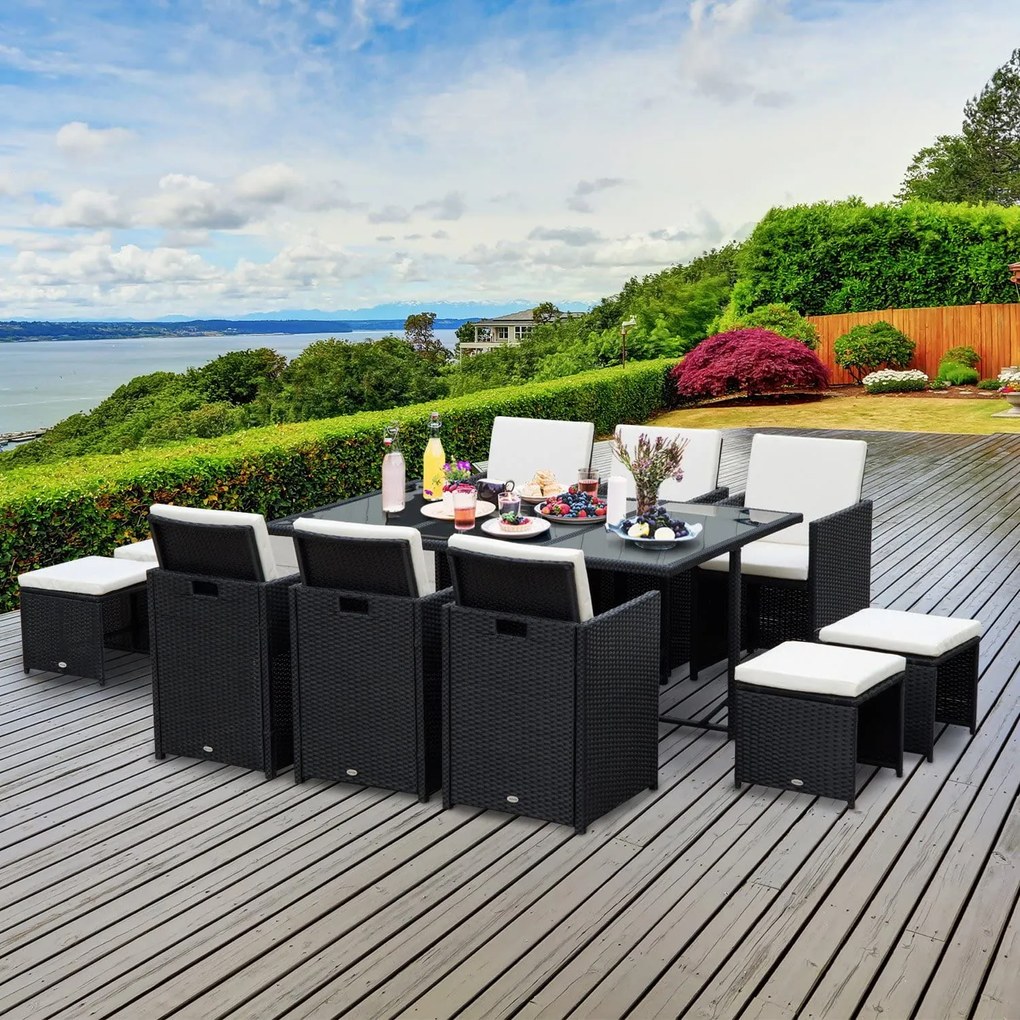 Outsunny Set Mobilier de Exterior din Rattan Sintetic Negru, Set de Mese pentru Prânz 11 Piese cu Perne Confortabile | Aosom Romania