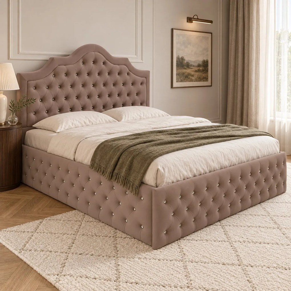 Pat tapițat Chesterfield din catifea Imperio Deluxe 180×200 cm, cappuccino, cu ladă de depozitare