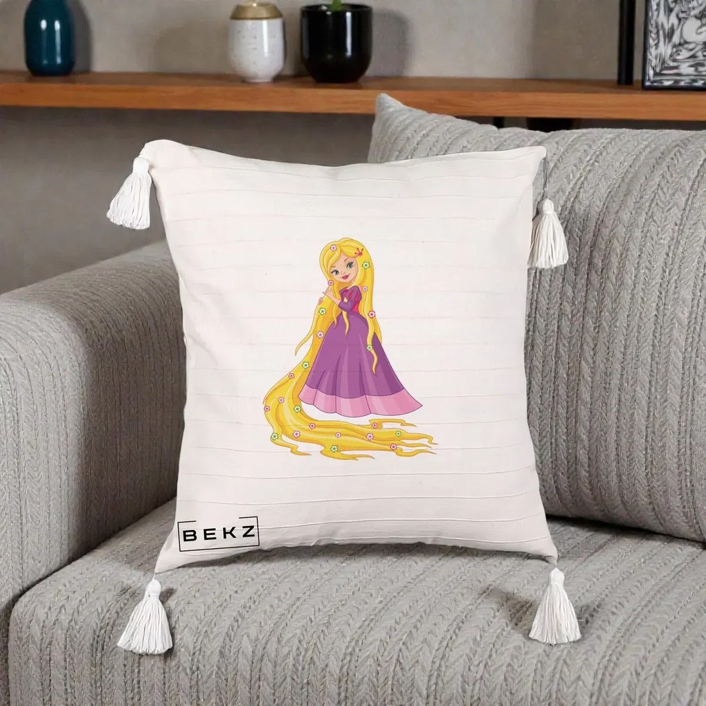 Perna Personalizata Rapunzel Par Lung Floral, 40x40 cm, Bej cu Franjuri, Husa Detasabila, Perna Inclusa, BEKZ®