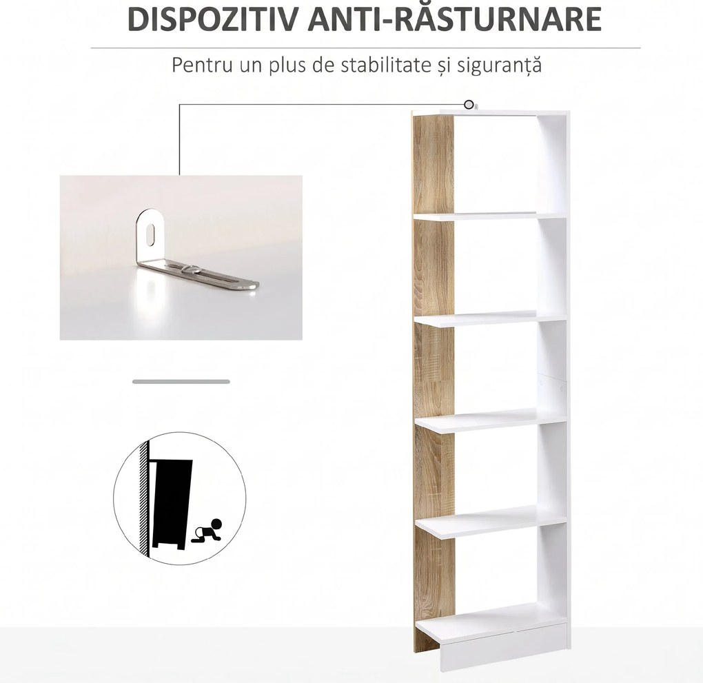 HOMCOM Bibliotecă de Perete cu 5 Rafturi și Dispozitiv Anti-Răsturnare din PAL 45x21x170 cm Alb Stejar | Aosom Romania
