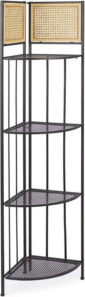 Raft fier forjat pentru colt 4 polite negru si rattan natur Elyot 49 cm x 34 cm x 162 h