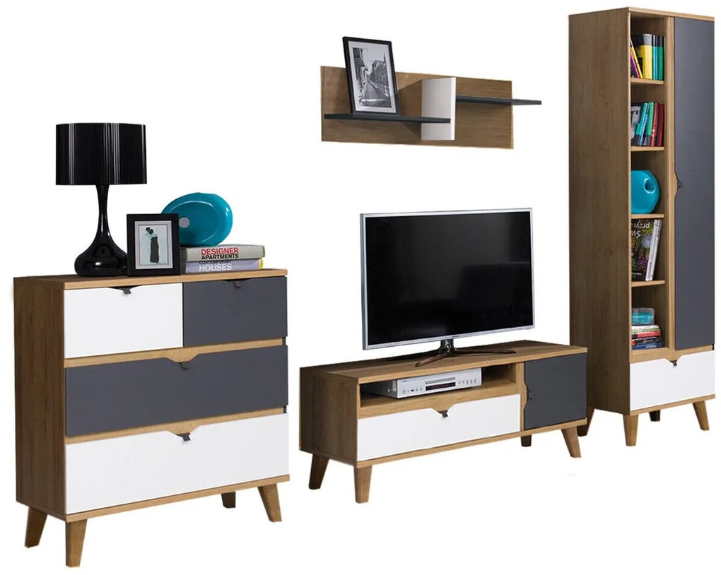 Camera de zi Providence E118Alb, Stejar auriu, Grafit, Cu comodă tv, Cu componente suplimentare, Părți separate, PAL laminat, 200x40cm, 116 kg