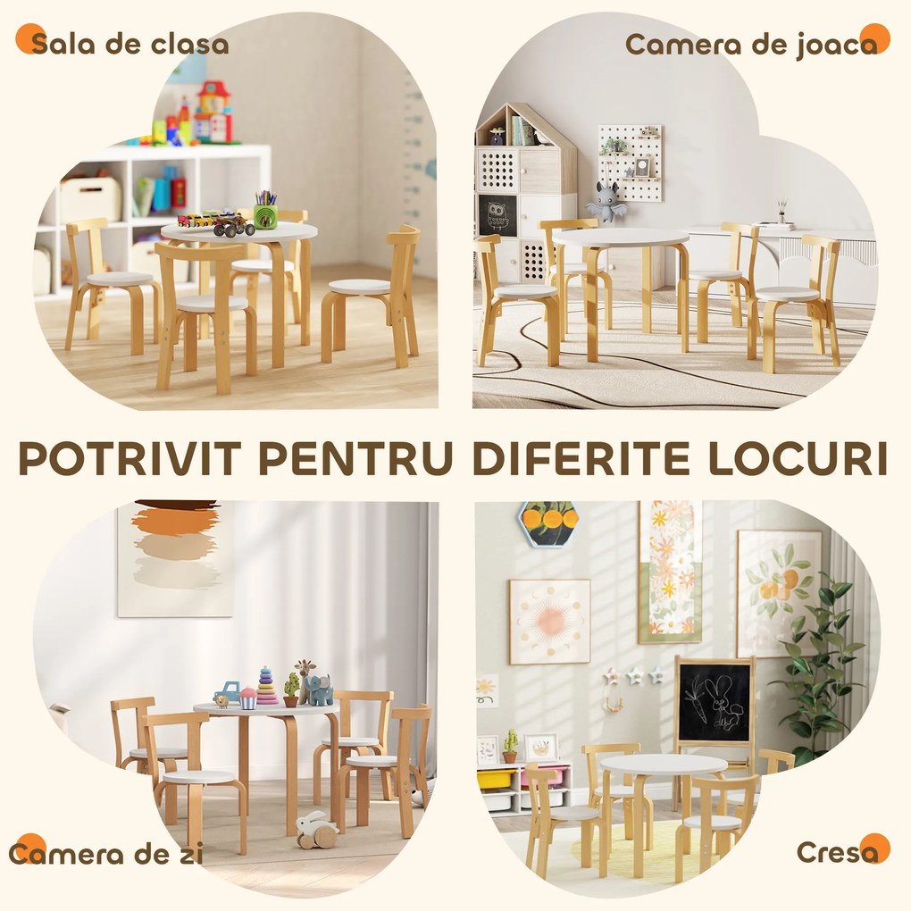 AIYAPLAY Set Masă și Scaune pentru Copii 3-8 Ani 5 piese cu Margini Rotunjite din Lemn Alb | Aosom Romania