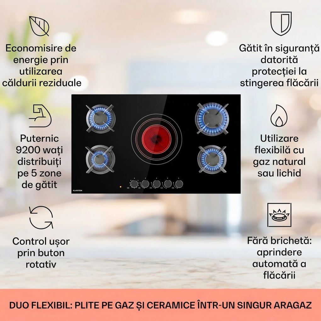 Klarstein MultiChef 5, plită cu gaz combinată, gaz / sticlă ceramică, 5 zone