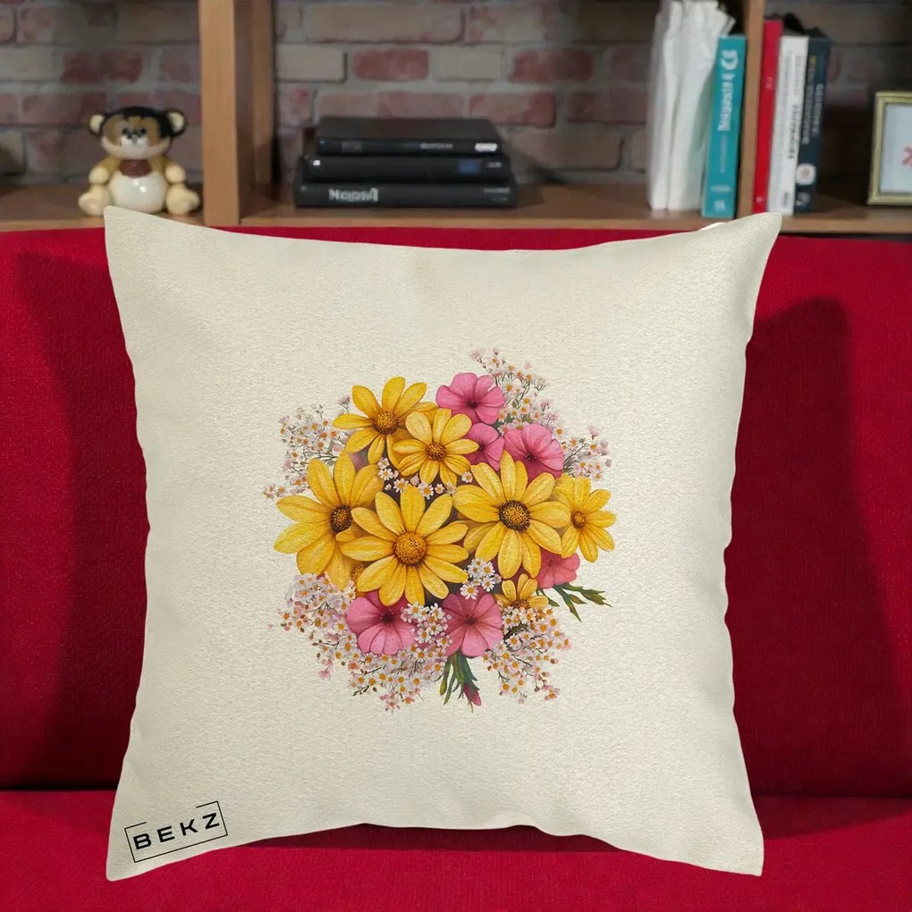 Perna Decorativa Floarea-Soarelui cu Cosmos Roz si Gypsophila, 40x40 cm, Ecru, Husa Detasabila, Perna Inclusa, BEKZ®