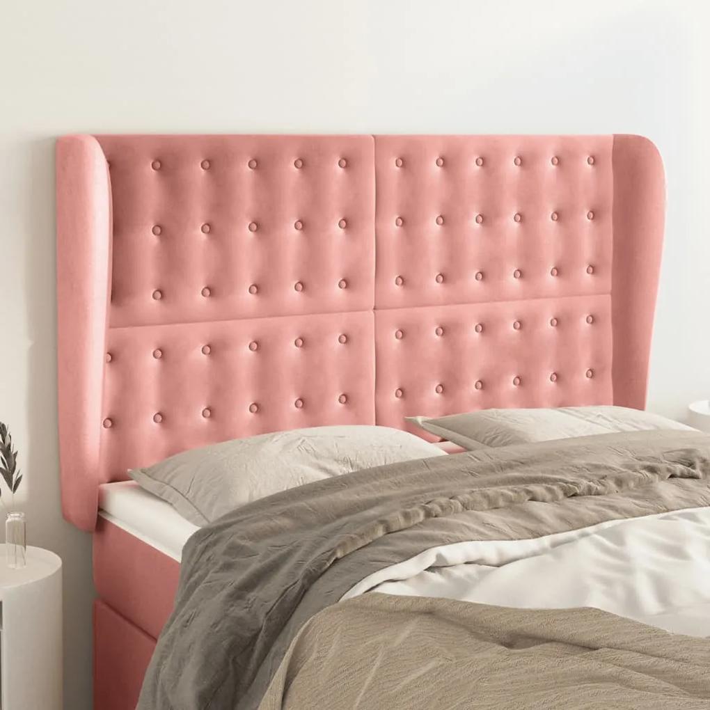 Tablie de pat cu aripioare, roz, 147x23x118 128 cm, catifea 1, Roz, 147 x 23 x 118 128 cm