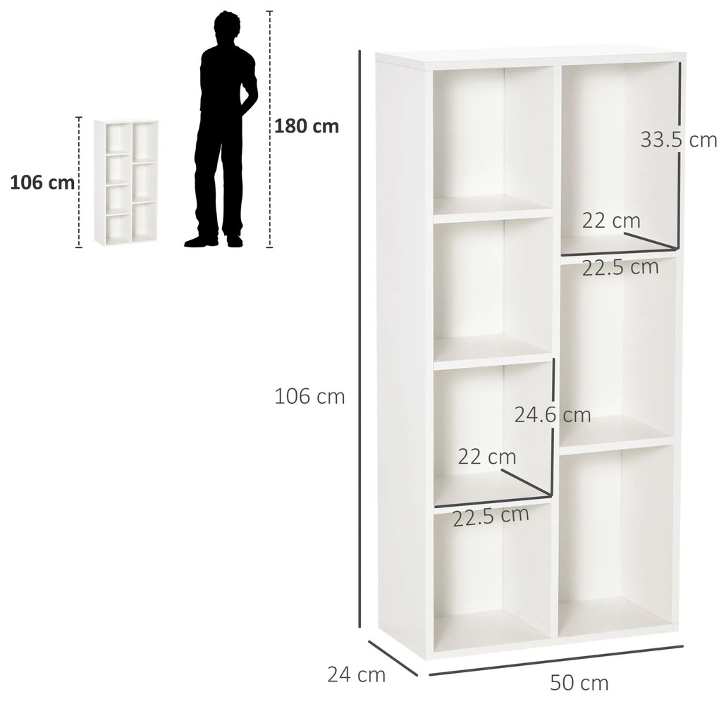 HOMCOM Bibliotecă din Lem Stil Vintage Cubica cu 7 Suporturi Diferite din MDF pentru Casă și Birou, 50x24x106 cm, Alb | Aosom Romania