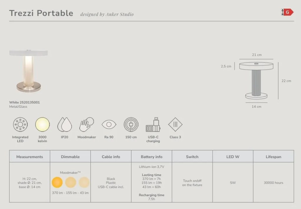 Veioza, Lampa portabila cu baterii Trezzi alb