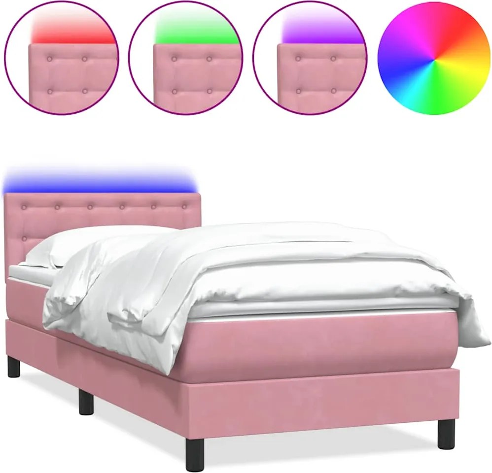 vidaXL Pat cu arcuri cu saltea și LED, roz, 80x220 cm, catifea