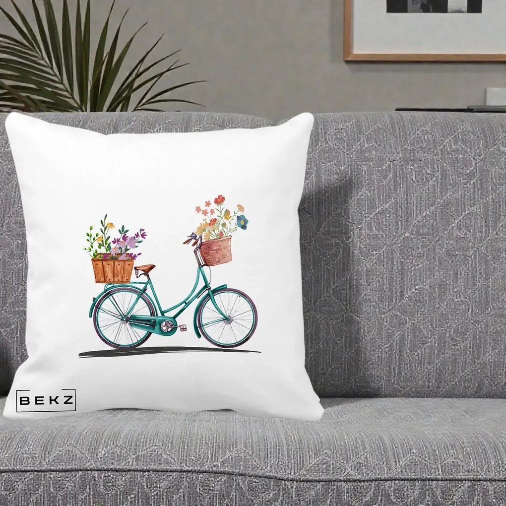 Perna Decorativa Bicicleta Florala Turcoaz Acuarela, 40x40 cm, Alba Mata, Husa Detasabila, Perna Inclusa, BEKZ®