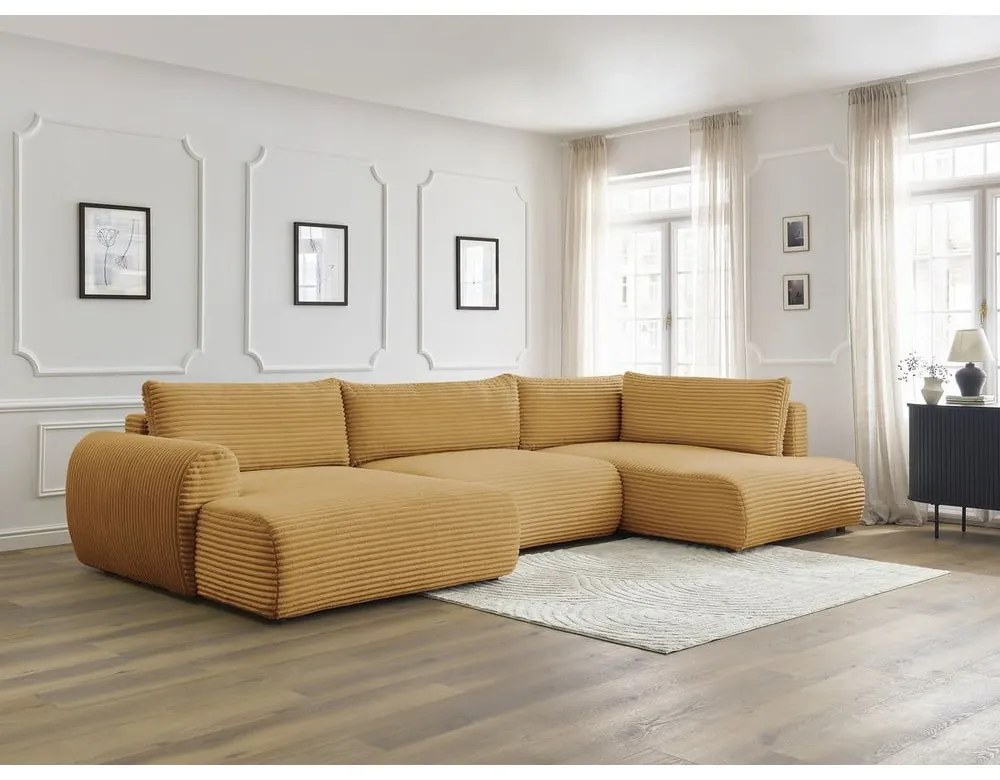 Colțar galben muștar extensibil/cu spațiu de depozitare cu tapițerie din catifea reiată (cu colț pe partea dreaptă/în formă de "U") Lucien – Bobochic Paris