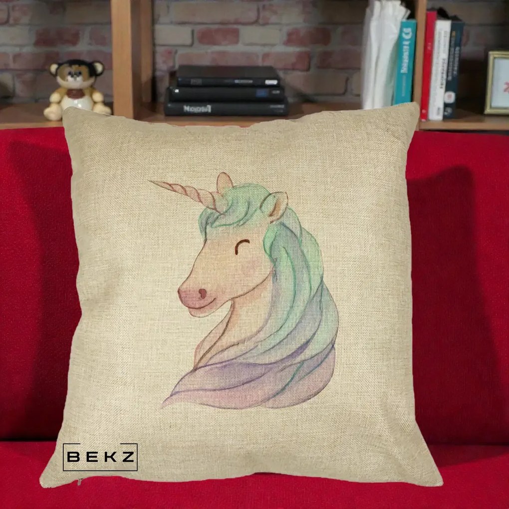 Perna Decorativa Unicorn Acuarela Pastel, 40x40 cm, Crem, Husa Detasabila, Perna Inclusa, BEKZ®