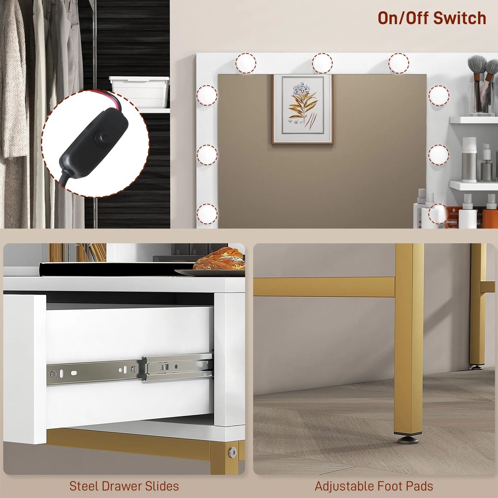 HOMCOM Masă de Machiaj cu Oglindă LED, Scaun și Rafturi, 80x40x138 cm, Alb | Aosom Romania