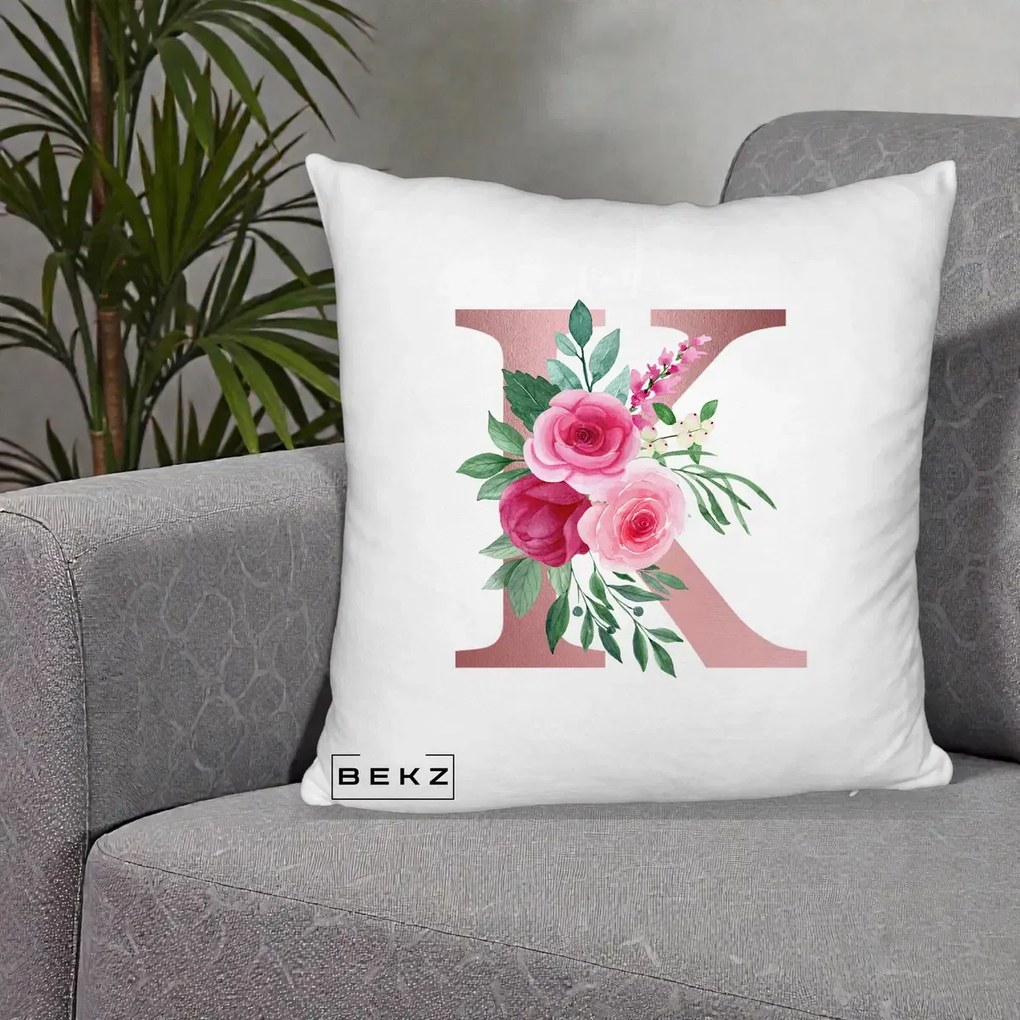 Cadou Personalizat - Perna Personalizata Monograma Rose Gold Litera K, 40x40 cm, Alb Pufos, Husa Detasabila, Perna Inclusa, BEKZ®