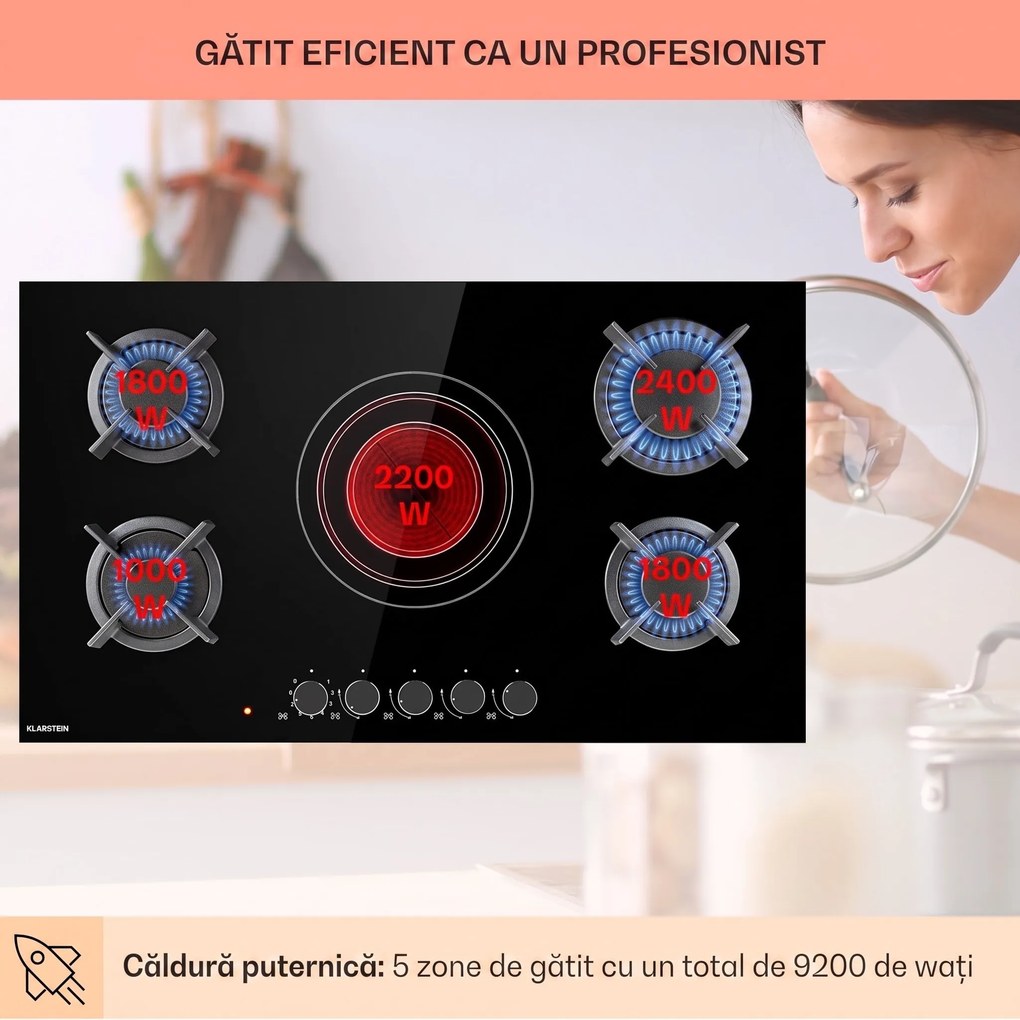Klarstein MultiChef 5, plită cu gaz combinată, gaz / sticlă ceramică, 5 zone