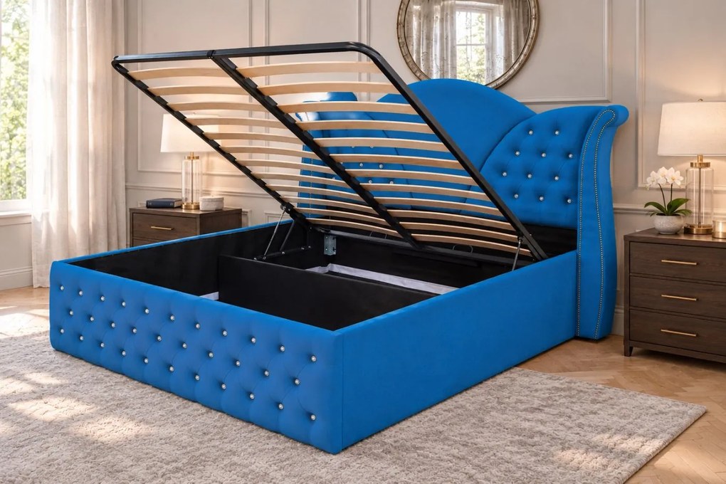 Pat tapițat Chesterfield din catifea Velora Cristal 180×200 cm, albastru, cu ladă de depozitare