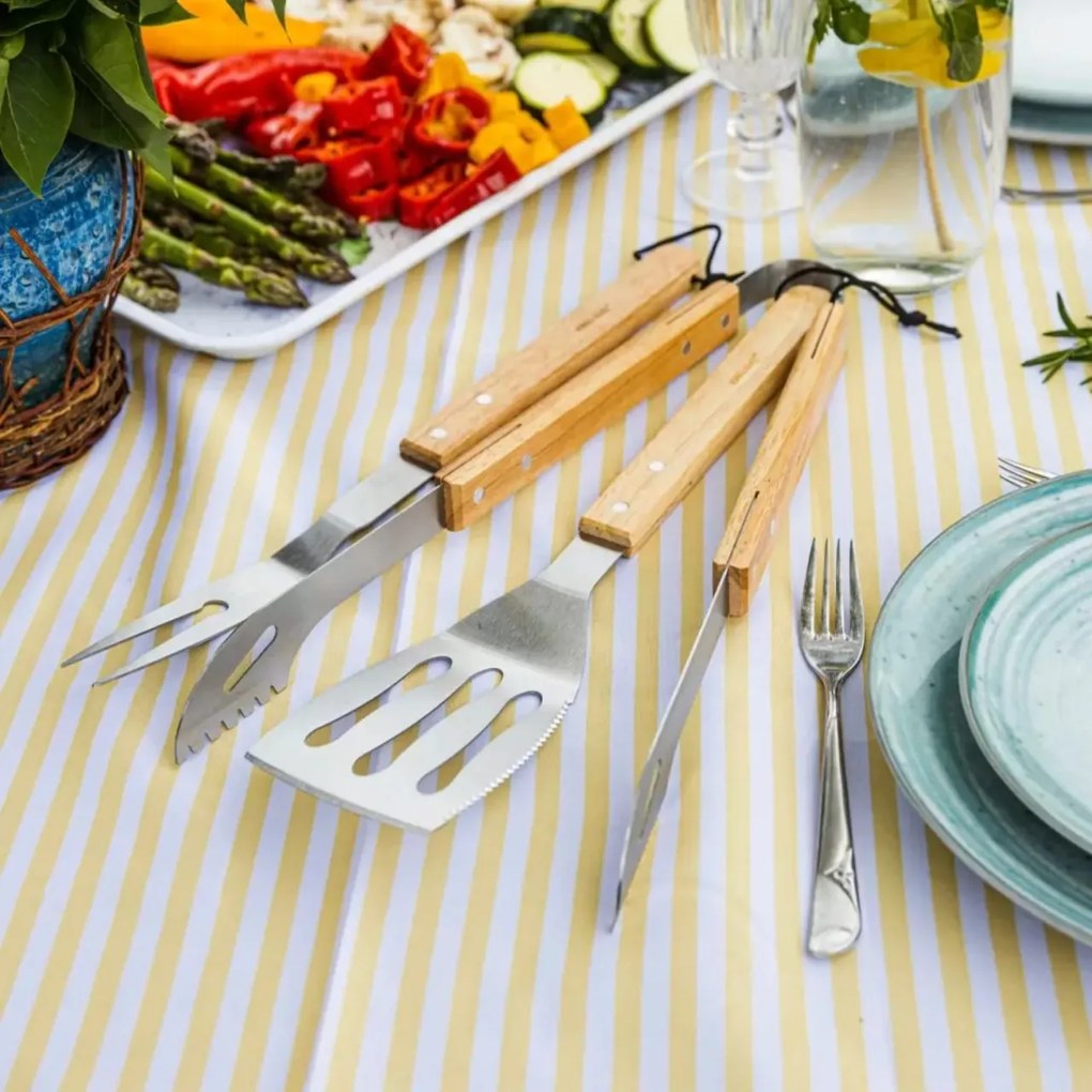 Set 3 ustensile pentru gratar Kinghoff KH1918, inox, manere din lemn