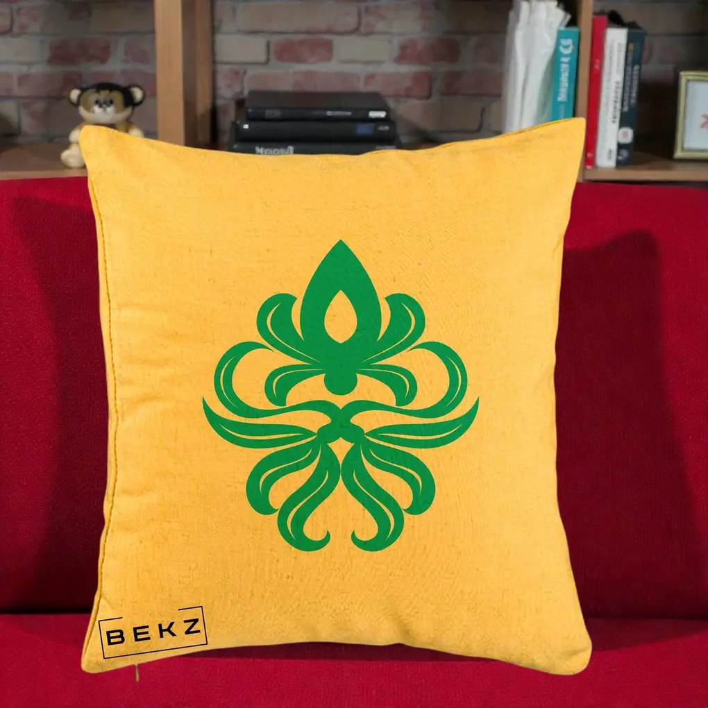 Perna Decorativa Ornament Turcoaz Fleur de Lis, 40x40 cm, Galben, Husa Detasabila, Perna Inclusa, BEKZ®