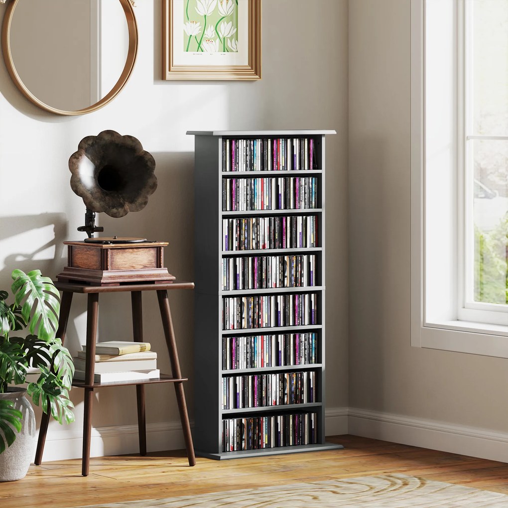 HOMCOM Depozitare pentru CD și DVD cu 8 compartimente și 6 polițe reglabile, capacitate max. 360 CD/185 DVD și Blu-ray, gri | Aosom Romania