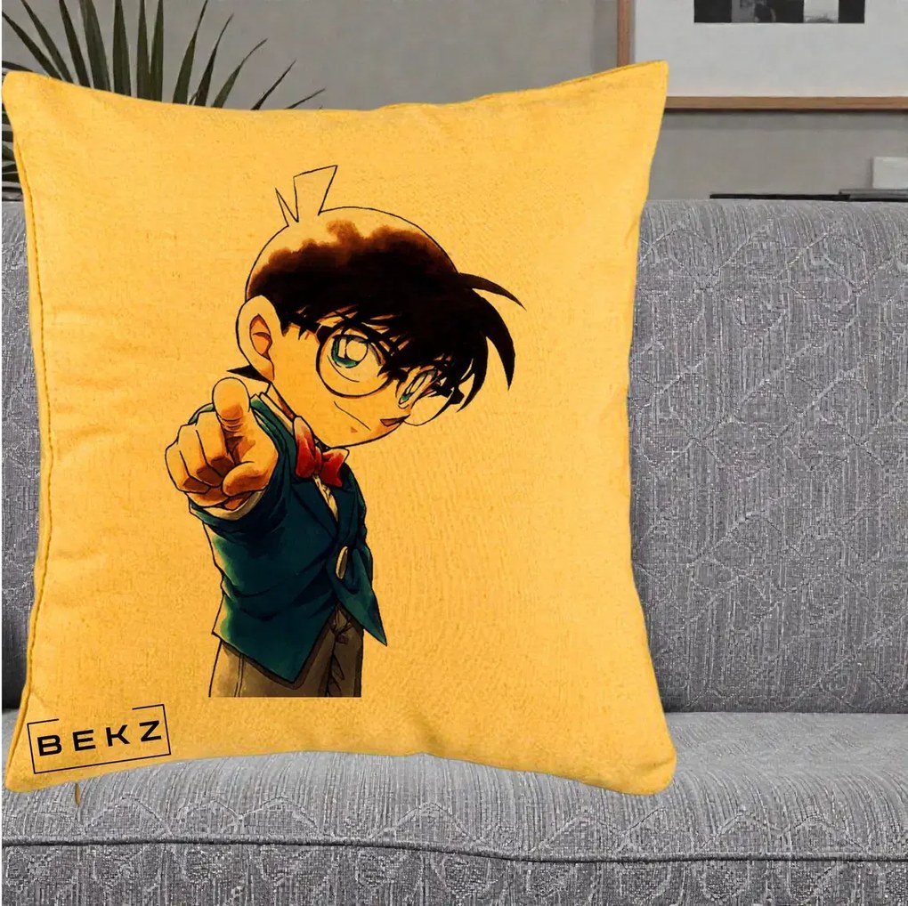Perna Personalizata Detective Conan Conan Arata, 40x40 cm, Galben, Husa Detasabila, Perna Inclusa, BEKZ®