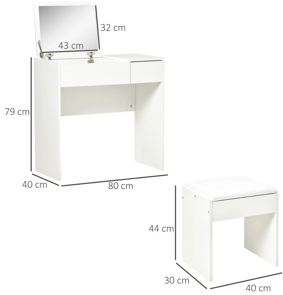 HOMCOM Mobilier Toaleta cu Oglinda Taburet si Sertar Masa Consola Alb