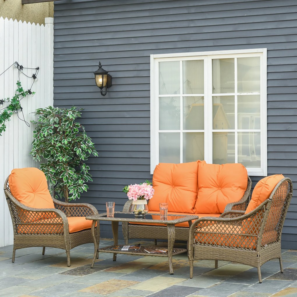 Set Mobilier de Gradina Outsunny, Ratan PE, 2 fotolii si Masa cu Perne, Kaki, Portocaliu | Aosom Romania