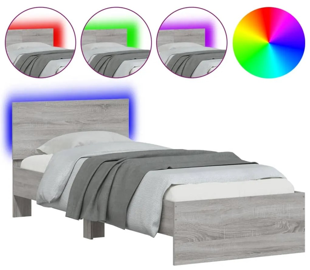 838839 vidaXL Cadru de pat cu tăblie și lumini LED, gri sonoma, 90x190 cm