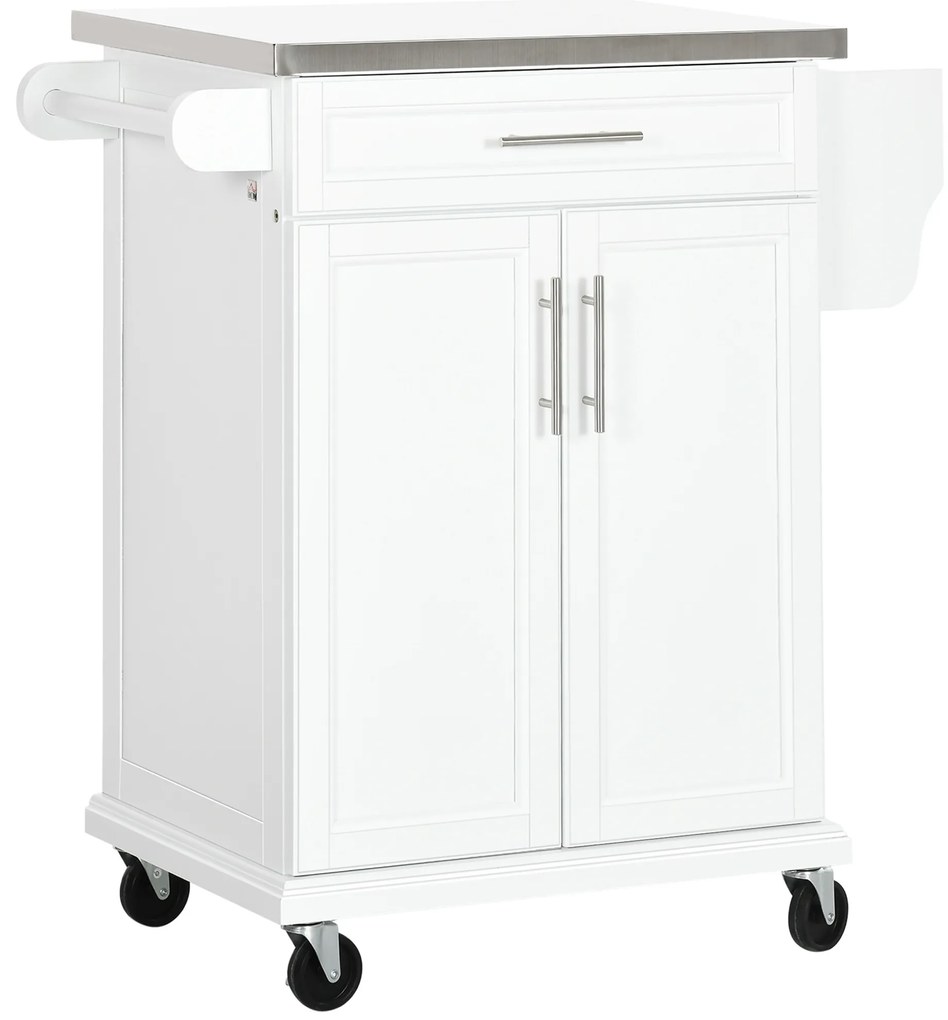HOMCOM Masuta bucatarie cu rotile insula centrala de bucatarie cu blat din otel, raft reglabil, sertar, suport pentru condimente, alb | Aosom Romania