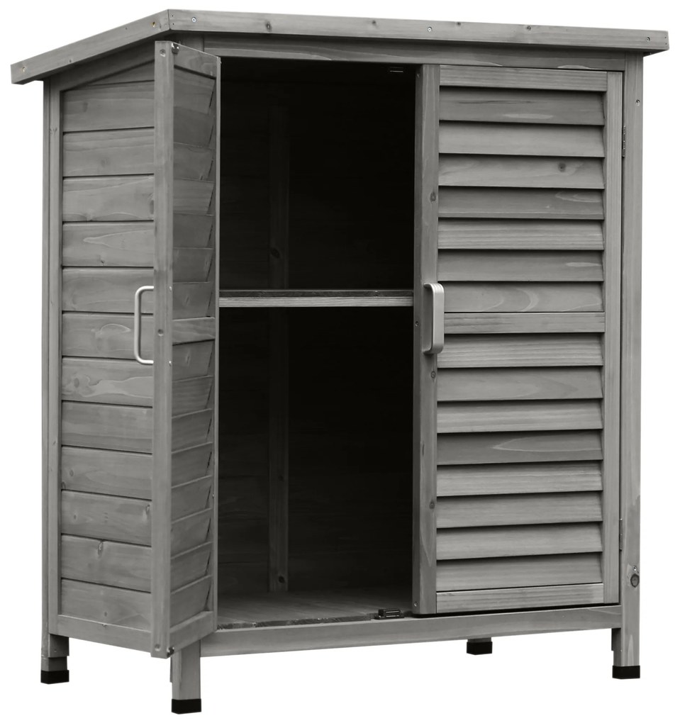 Outsunny Remiză de grădină pentru unelte, pe picioare, cu uși obloane și acoperiș bitum, din brad, 87x46,5x96,5 cm, gri | Aosom Romania