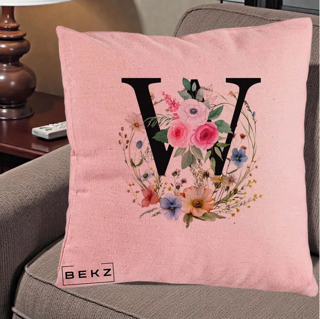 Cadou Personalizat - Perna Personalizata Monograma Florala Litera W, 40x40 cm, Roz, Husa Detasabila, Perna Inclusa, BEKZ®