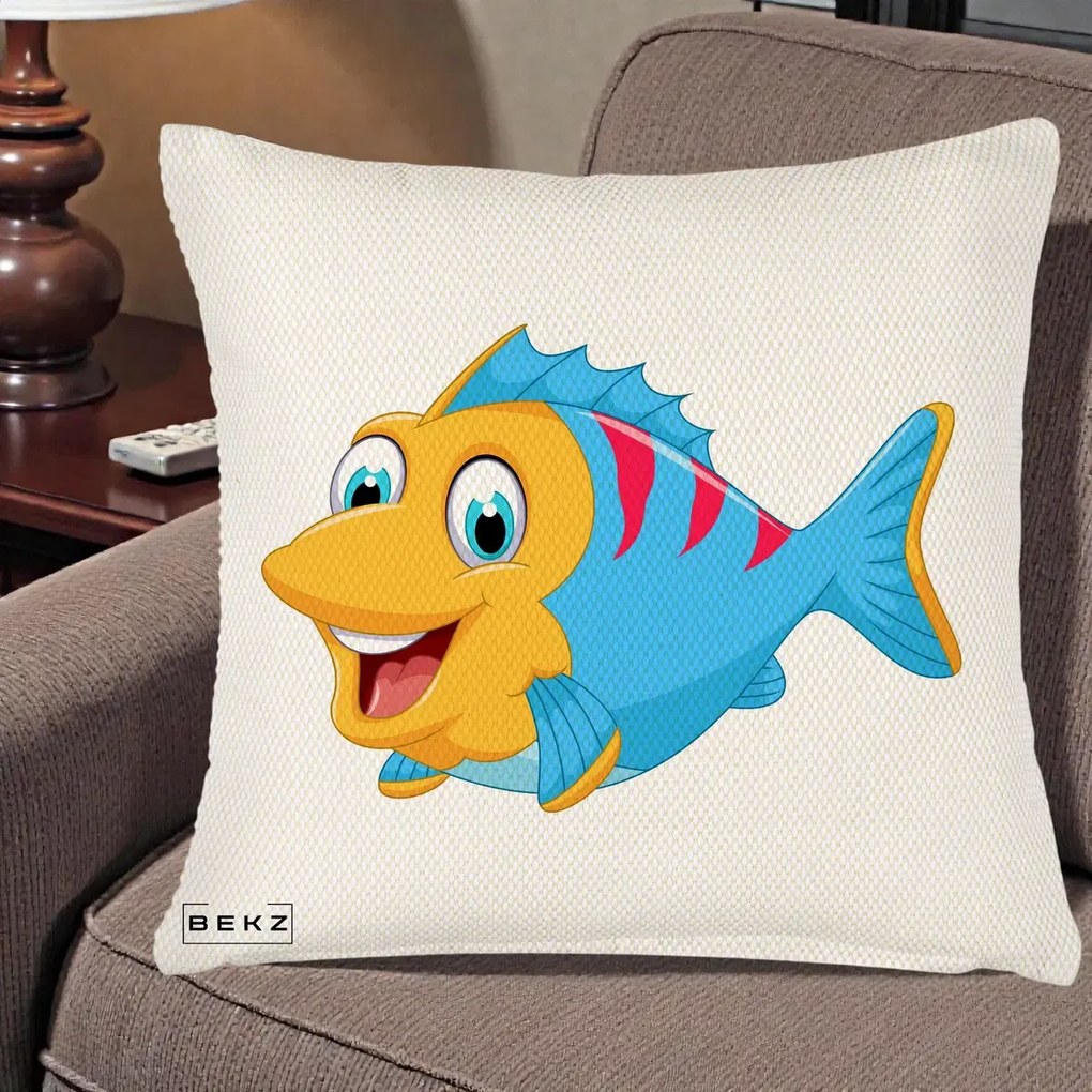 Perna Decorativa Peste Vesel Cartoon, 40x40 cm, Crem Reliefat, Husa Detasabila, Perna Inclusa, BEKZ®