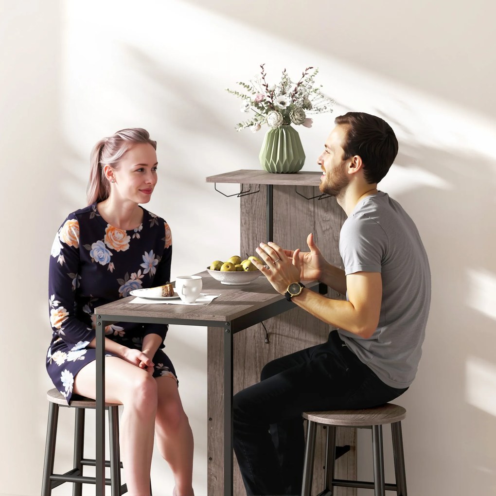 HOMCOM Set masă bar 3 piese cu depozitare, rafturi pentru vin, suporturi pentru pahare, scaune bar cu suport pentru picioare, pentru spații mici, Gri | Aosom Romania